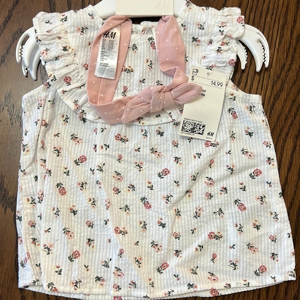 H & M Girls Floral Shirt with Headband Size 4-12 Months